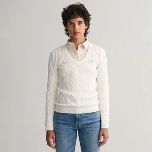 Damski Sweter GANT STRETCH COTTON CABLE V-NECK 480022.113 – Beżowy - Swetry damskie - miniaturka - grafika 1