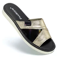 Kapcie damskie - PanSzew ZJAWISKOWE Kapcie Damskie Skórzane Wygodne Pantofle PREMIUM Złote 36-41 - miniaturka - grafika 1