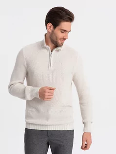 Swetry męskie - Sweter męski dzianinowy z rozpinaną stójką - kremowy V1 OM-SWZS-0105 - grafika 1