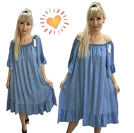 Sukienki - JEANSOWA HISZPANKA FALBANA modna sukienka na lato luźna piękna 50 52 5XL - miniaturka - grafika 1