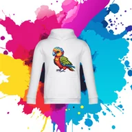 Bluzy dla dziewczynek - Bluza dziecięca typu kangurka z kapturem w kolorze białym z nadrukiem papuga 8 lat - miniaturka - grafika 1