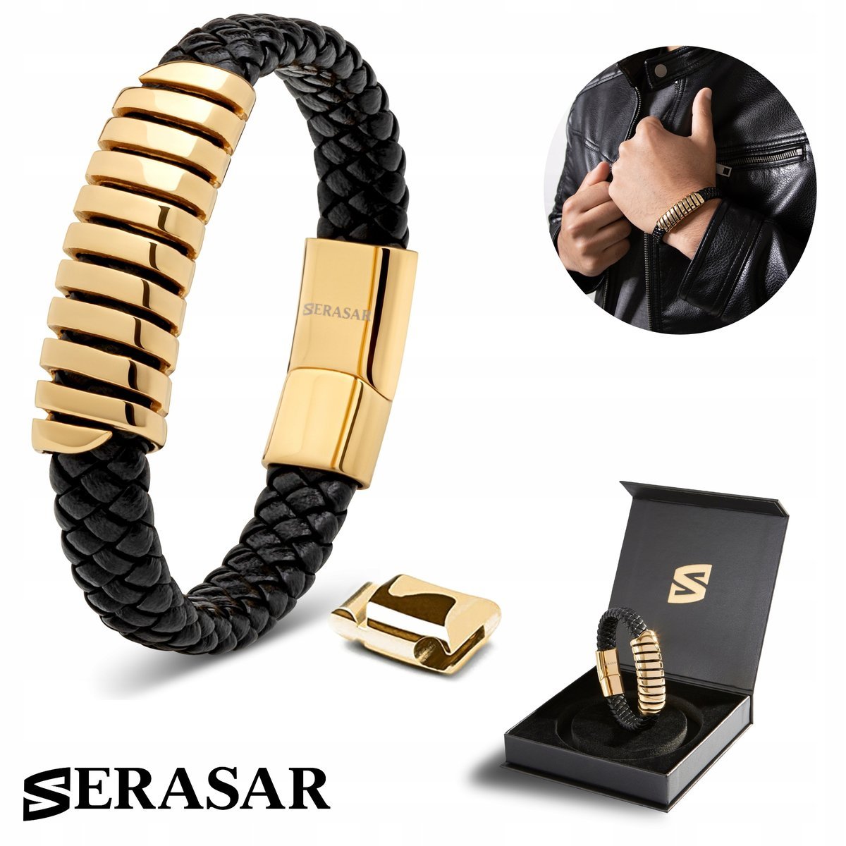 SERASAR, męska skórzana bransoletka „Helix”, złoto, 20 cm, ze stalowym zapięciem magnetycznym, w zestawie pudełko prezentowe