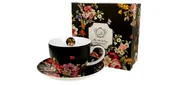 Filiżanki - Filiżanka do kawy i herbaty porcelanowa ze spodkiem DUO VINTAGE FLOWERS BLACK 400 ml - miniaturka - grafika 1