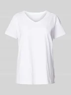 Koszulki i topy damskie - T-shirt z prążkowanym dekoltem w serek - miniaturka - grafika 1