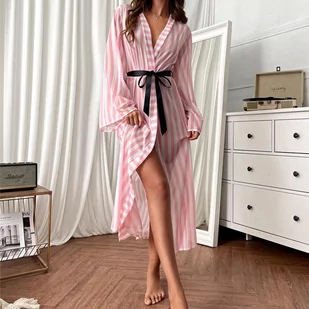 Długi szlafrok w paski - Szlafroki damskie - miniaturka - grafika 1