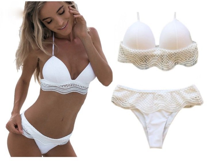 STRÓJ KĄPIELOWY DAMSKI BIKINI BIAŁY FALBANKA PLAŻOWY HIT LATA ROZMIAR S
