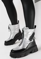 Śniegowce damskie - Srebrne Śniegowce na Płaskiej Podeszwie z Zamkiem z Przodu i Napisem Bulluna - miniaturka - grafika 1