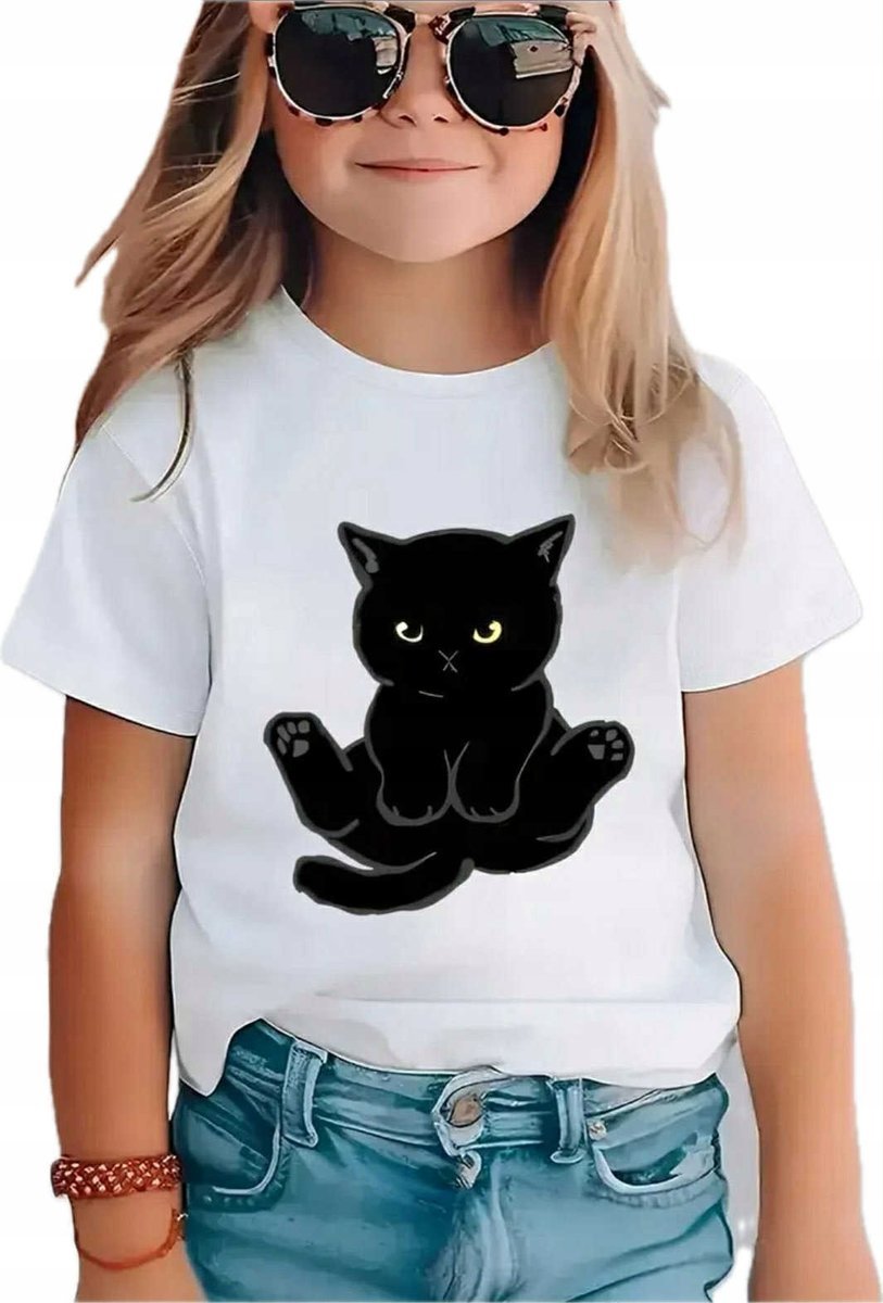 KOSZULKA DZIEWCZĘCA BAWEŁNIANA KOTEK krótki rękaw biała 110-116