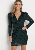 Sukienki - Ciemnozielona Cekinowa Sukienka Mini z Głębokim Dekoltem z Gumką w Talii i Drapowaniem Sovrana - miniaturka - grafika 1