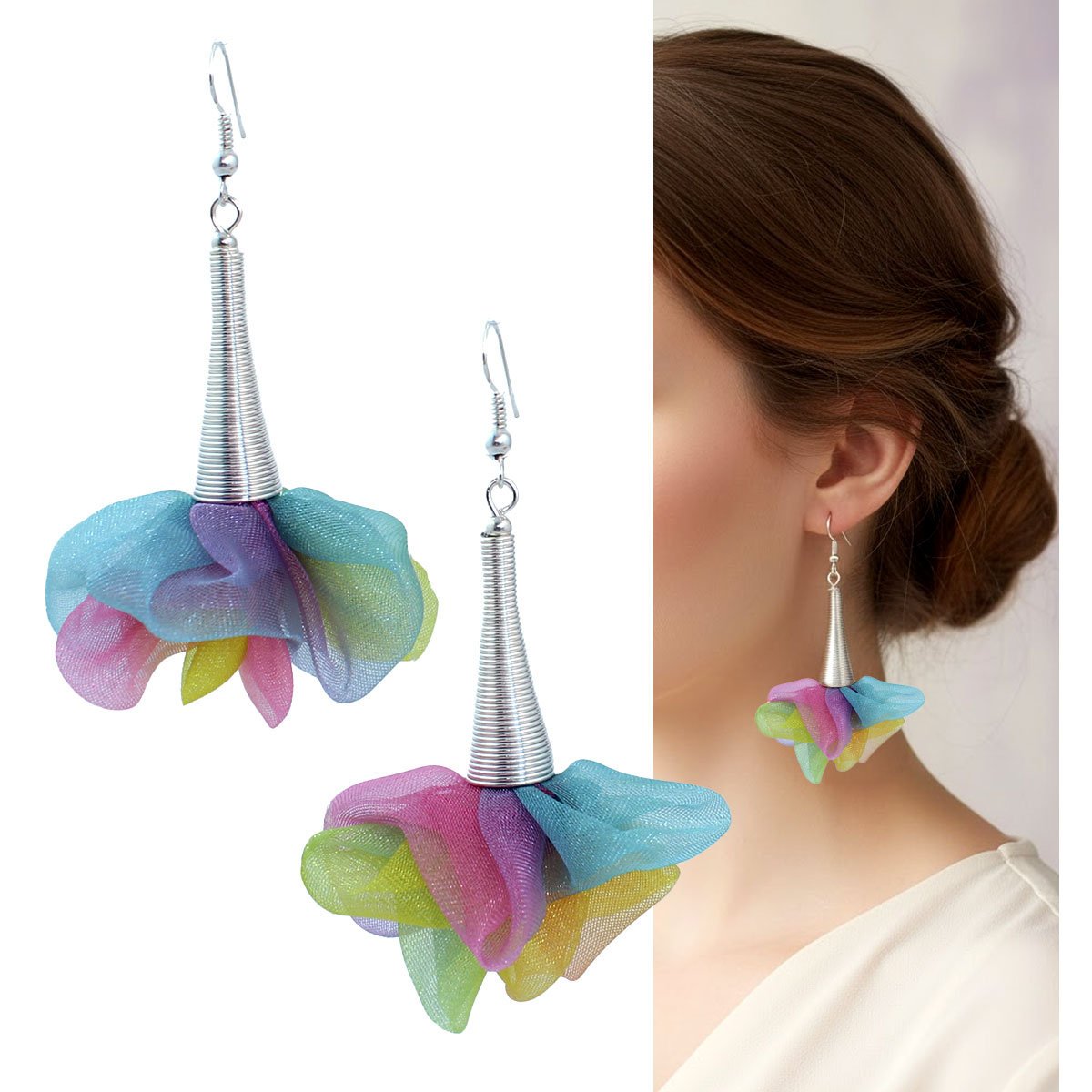 Kolczyki wiszące tęczowe z tkaniny kwiaty boho lekkie kolorowe długie