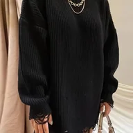 Swetry damskie - TEMU Elegancki czarny sweter damski z prążkowanego materiału i długim rękawem - miękki sweter z okrągłym dekoltem, rozdarte wykończenie i frędzle, - miniaturka - grafika 1