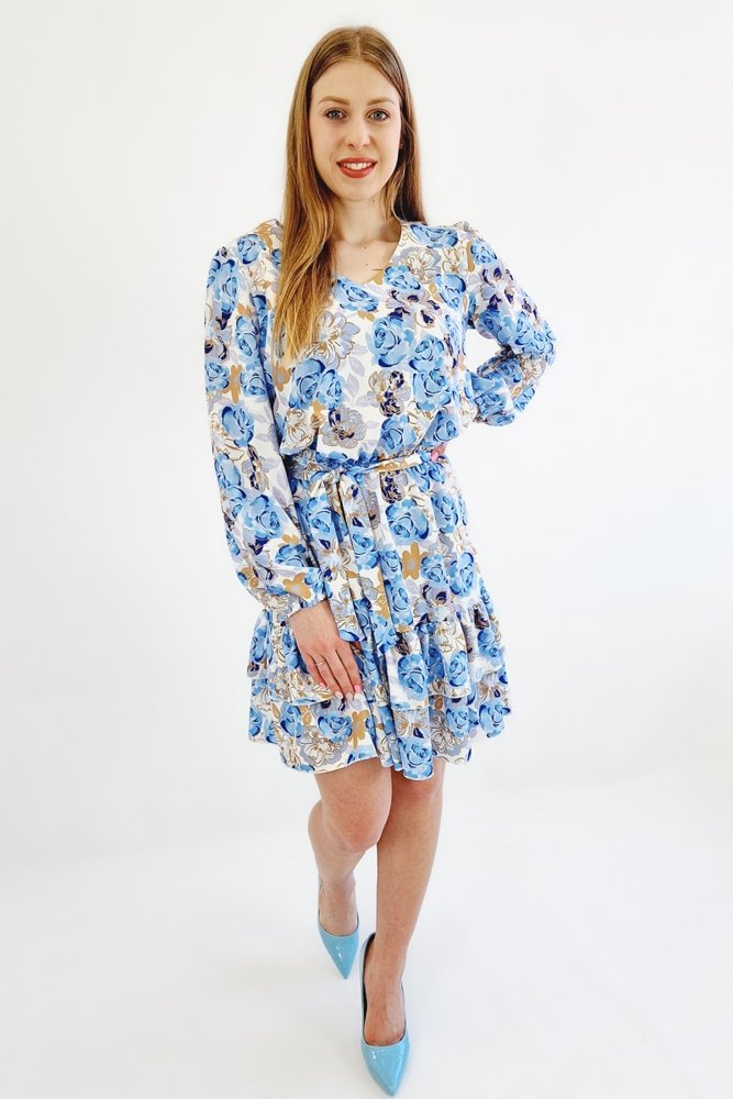 Niebieska Sukienka w Kwiaty z Falbanami Mini UNI
