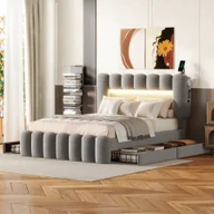 Łóżka - Łóżko tapicerowane Flieks 140x200 cm z USB i głośnikiem Bluetooth, łóżko do przechowywania ze stelażem listwowym, łóżko młodzieżowe z LED i 4 szufladami, łóżko podwójne aksamitne, szare - miniaturka - grafika 1