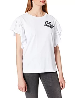 Koszulki i topy damskie - Love Moschino Damska koszulka z okrągłym dekoltem i otworami na ramiona z falbankami, personalizowana za pomocą dźgniętego serca, Optyczny biały, 66 - grafika 1