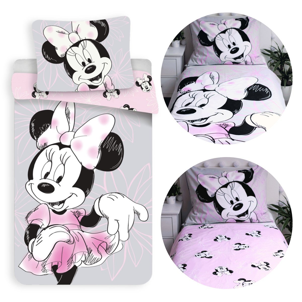 DISNEY Myszka Minnie DWUSTRONNA, bawełniana pościel dziecięca na zamek, 100% BAWEŁNA 140x200cm+70x90cm OEKO-TEX