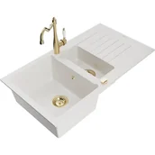 Zlewozmywaki z baterią - Mexen Matias zlewozmywak granitowy 1,5-komorowy z ociekaczem i baterią kuchenną Carla, biały - miniaturka - grafika 1