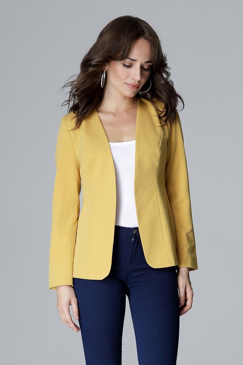 Damski żakiet bez zapięcia casual z długim rękawem Lenitif - L005, żółty, S