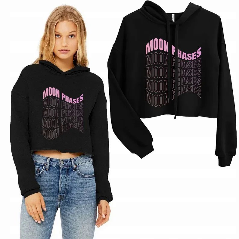 Modna BLUZA Damska CROP z Kapturem MOON PHASES - L