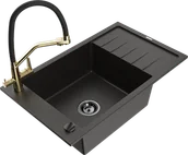 Zlewozmywaki z baterią - Mexen Elias zlewozmywak granitowy 1-komorowy z ociekaczem i baterią kuchenną Duo, czarny/złoty metalik - 6511-75-671701-57-B - miniaturka - grafika 1