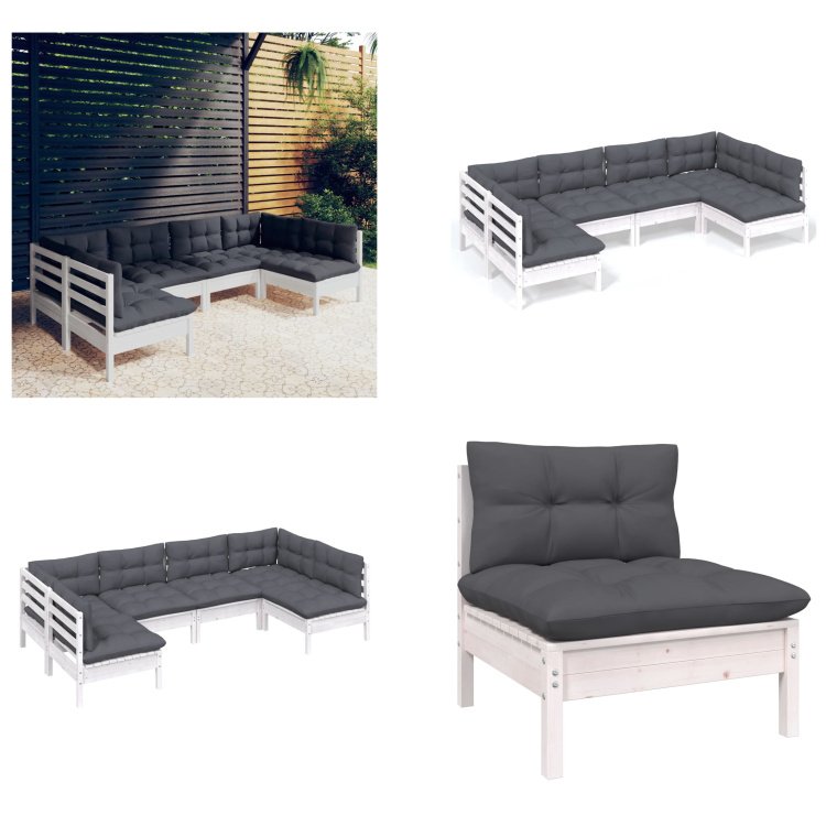 vidaXL 6-częściowy zestaw wypoczynkowy do ogrodu z poduszkami białe lite drewno sosnowe - Zestaw wypoczynkowy do ogrodu - Zestawy wypoczynkowe do ogrodu - Zestaw mebli ogrodowych - Zestawy mebli ogrodowych