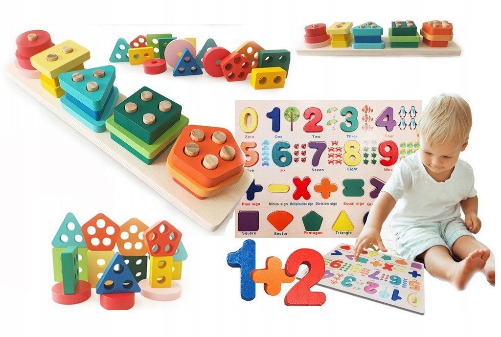 MONTESSORI Układanka sensoryczna x2 drewniana 2w1 literki cyferki puzzle