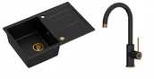 Zlewozmywaki z baterią - Quadron Unique Zlewozmywak granitowy jednokomorowy 78*50*22 cm z ociekaczem MORGAN 111 PURE CARBON z syfonem Push-2-Open w kolorze miedzianym z baterią JODIE Q LINE SLIM PURE CARBON kolor czarny mat/wykończenie miedź - - miniaturka - grafika 1