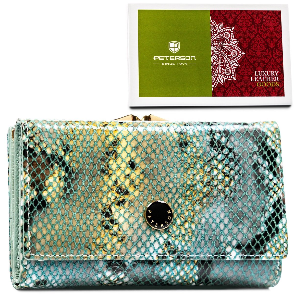 Portfel damski skórzany średni PETERSON portmonetka na zatrzask i bigiel rozbudowany na karty elegancki na prezent antykradzieżowy ochrona RFID
