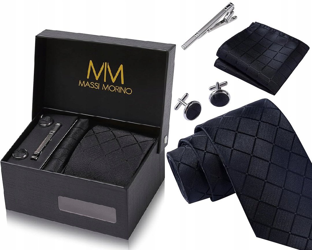 Zestaw Męski Prezentowy Krawat Spinki Spinka Czarna Pudełko Na Prezent