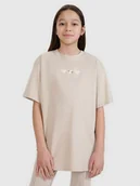 Koszulki dla dziewczynek - 4F T-shirt oversize z nadrukiem dziewczęcy - beżowy 122 (6-7 lat) - miniaturka - grafika 1