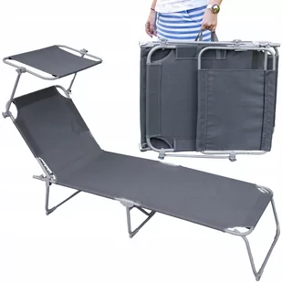 SKŁADANY LEŻAK OGRODOWY Z ZADASZENIEM SZARY ALUMINIUM FOTEL PLAŻOWY - Leżaki ogrodowe - miniaturka - grafika 1