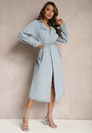 Płaszcze damskie - Niebieski Płaszcz z Jeansu z Przetarciami i Paskiem ze Sprzączką Umiorrea - miniaturka - grafika 1