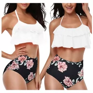 Stroje kąpielowe - STRÓJ KĄPIELOWY BIKINI Z WYSOKIM STANEM HISZPANKA FALBANKA BIAŁY CZARNY S - miniaturka - grafika 1