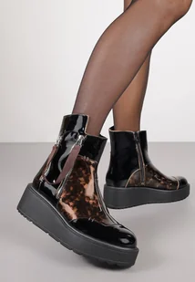 Czarno-Brązowe Lakierowane Botki Vices na Platformie i Koturnie Gamillia - Botki damskie - miniaturka - grafika 1