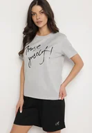 Koszulki i topy damskie - Jasnoszary T-shirt z Ozdobnym Nadrukiem z Brokatem Tenesia - miniaturka - grafika 1