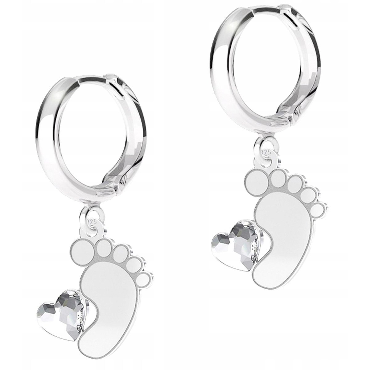 Kolczyki Srebrne Stopy Stópki Dziecka z Cyrkonią Serca Stopa SREBRO 925