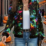 Kurtki damskie - TEMU Kreatywny geometryczny wzór, elegancka i modna bluzka z długim rękawem dla kobiet na wiosnę i jesień, kurtka z kołnierzykiem typu baseball w - miniaturka - grafika 1