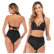 Stroje kąpielowe - BIKINI KOMPLET STRÓJ KĄPIELOWY CZARNY LATO WYSOKI STAN USZTYWNIANY WIĄZANY M - miniaturka - grafika 1