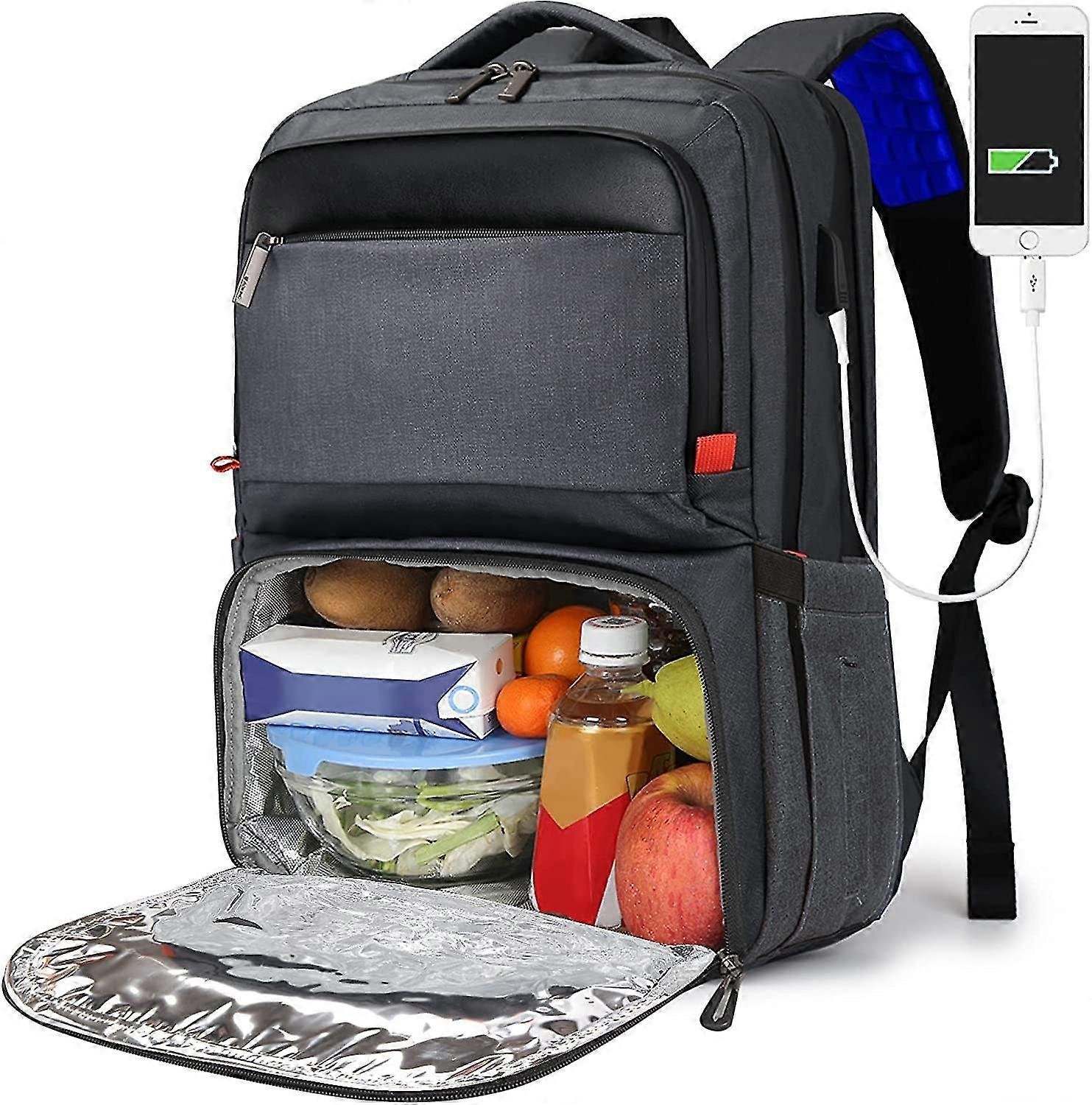 Plecak na lunch dla kobiet, izolowany plecak chłodzący z przegródką na lunch, torba szkolna z portem USB, pasuje do laptopa 15,6 cala