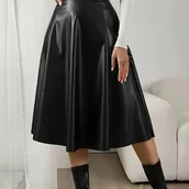 Spódnice - TEMU Elegancka spﾃｳdnica midi z wysokim stanem z imitacji skﾃｳry dla kobiet - jednokolorowa czarna, z rozszerzonym krojem i detalami z zamka - miniaturka - grafika 1