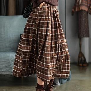 TEMU Spódnica Midi w Kratę A-Line - Brązowa/Beżowa/Biała/Czarna w Kratę Tartan z Podszewką, Strukturalna - Wolna , Pranie w Praniu Maszynowym na - Spódnice - miniaturka - grafika 1