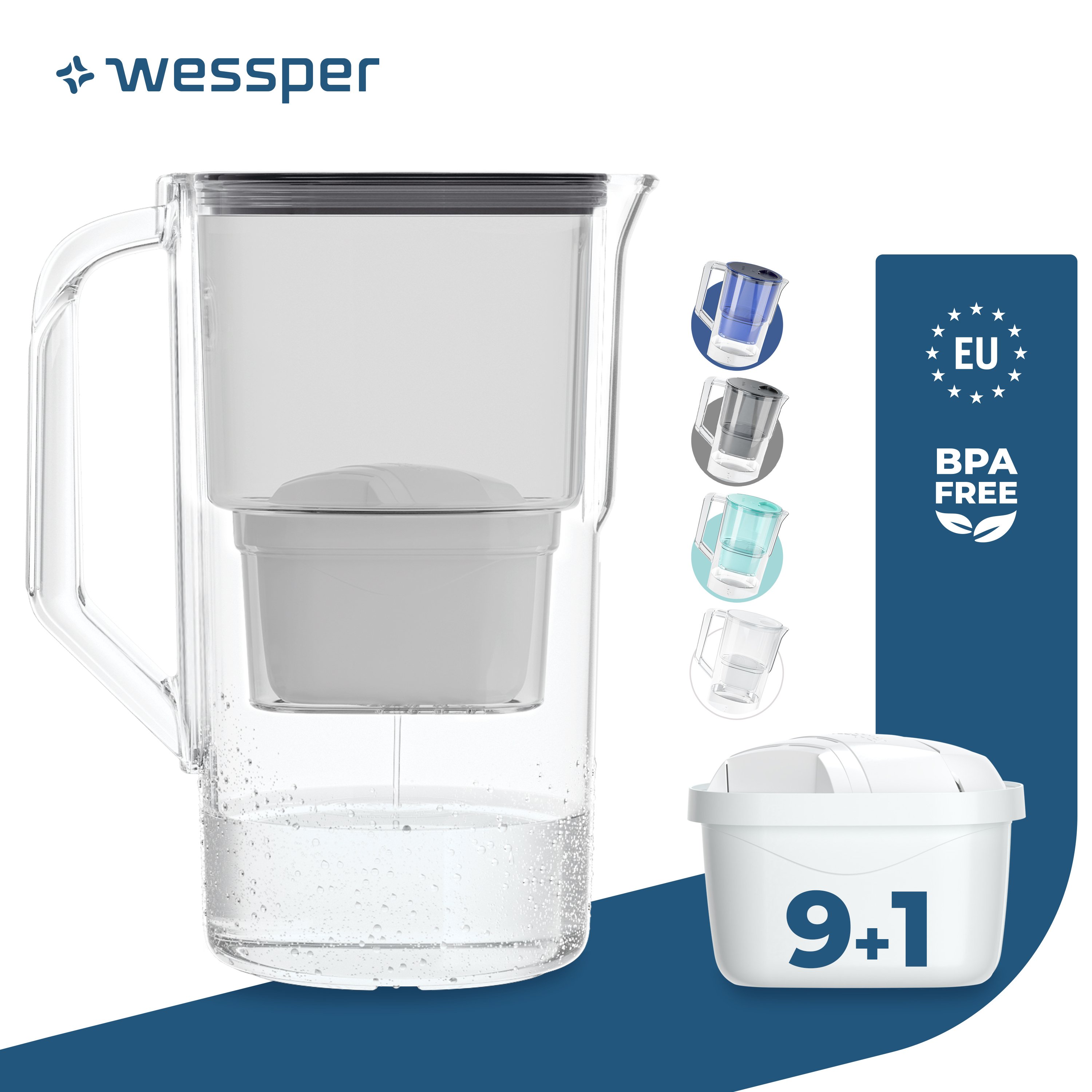 Wessper Dzbanek filtrujący wodę 2,8 l kompatybilny z Brita Maxtra, system filtrujący wodę redukujący kamień, chlor + 10 filtrów do wody czarny