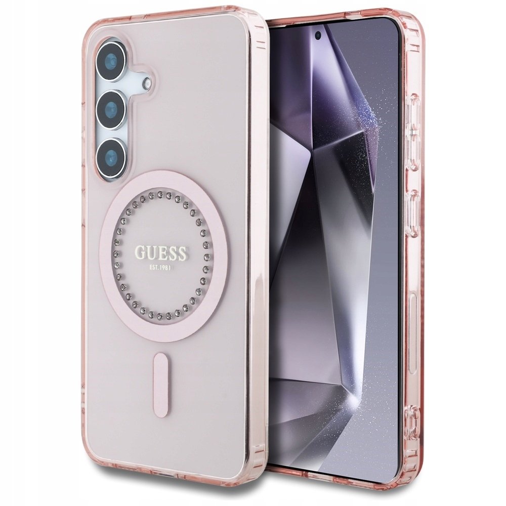 Guess Etui Rhinestones Printed do MagSafe do Galaxy S25, różowe