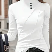 Bluzki damskie - TEMU Elegancka damska koszulka z dﾅＶgim rﾄ冖awem - czarna, styl casual z dekoracyjnymi guzikami, jednokolorowa, wysoki dekolt, poliestr, nadajﾄ�ca siﾄ� - miniaturka - grafika 1