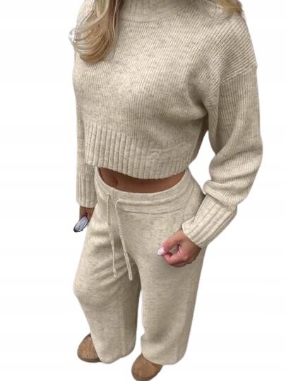 SHEIN BEŻOWY KRÓTKI SWETER Z DŁUGIM RĘKAWEM GŁADKI S 1KA