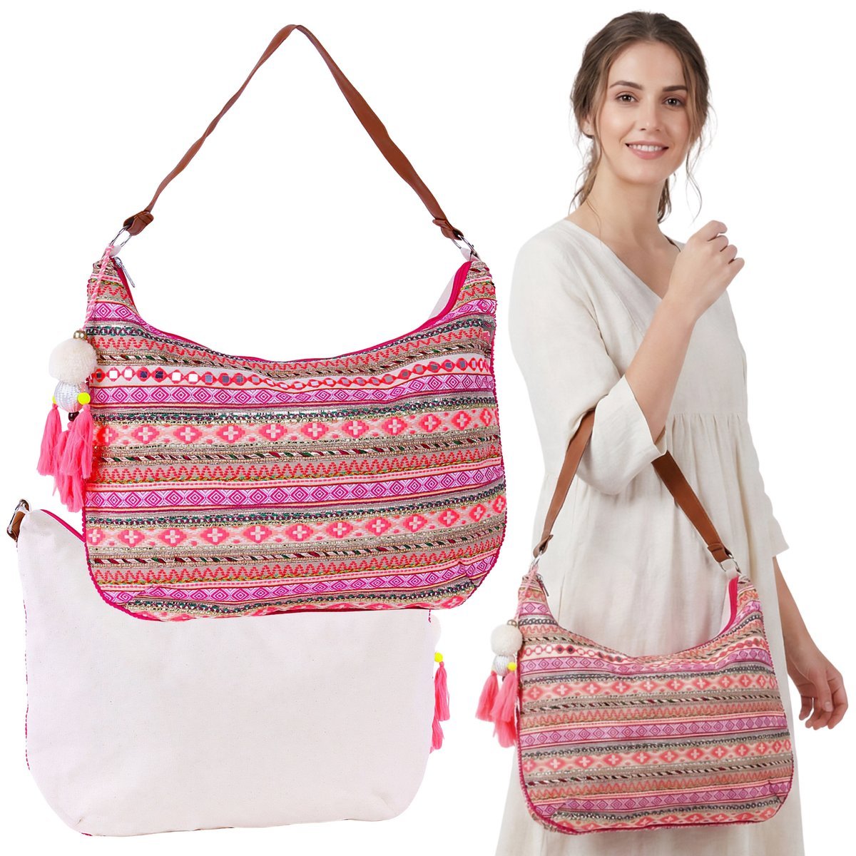 Kolorowa, POJEMNA torba BOHO na ramię, DUŻA damska torebka z BRELOKIEM