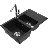 Zlewozmywaki z baterią - Mexen Gaspar zlewozmywak granitowy 1,5-komorowy z ociekaczem i baterią kuchenną Flora, czarny - miniaturka - grafika 1