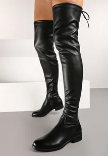 Czarne Płaskie Ocieplane Kozaki z Dopasowaną Cholewką i Wiązaniem Deoella - Kozaki damskie - miniaturka - grafika 1