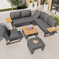 Meble ogrodowe - Zestaw wypoczynkowy ogrodowy z 7 rozkładanymi, żelaznymi meblami: 1 sofa narożna 5-osobowa + 1 fotel + 1 stołek + 1 kwadratowy stolik kawowy - szary - miniaturka - grafika 1
