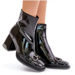 S.Barski Lakierowane Botki Na Słupku Ocieplane Z Ozdobą D&A MR880-021 Czarne - Botki damskie - miniaturka - grafika 1