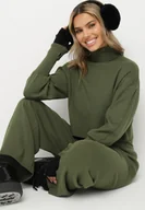 Komplety damskie - Zielony Komplet Dzianinowy z Wiskozą Bluza Golf ze Ściągaczami i Szerokie Spodnie Noridra - miniaturka - grafika 1